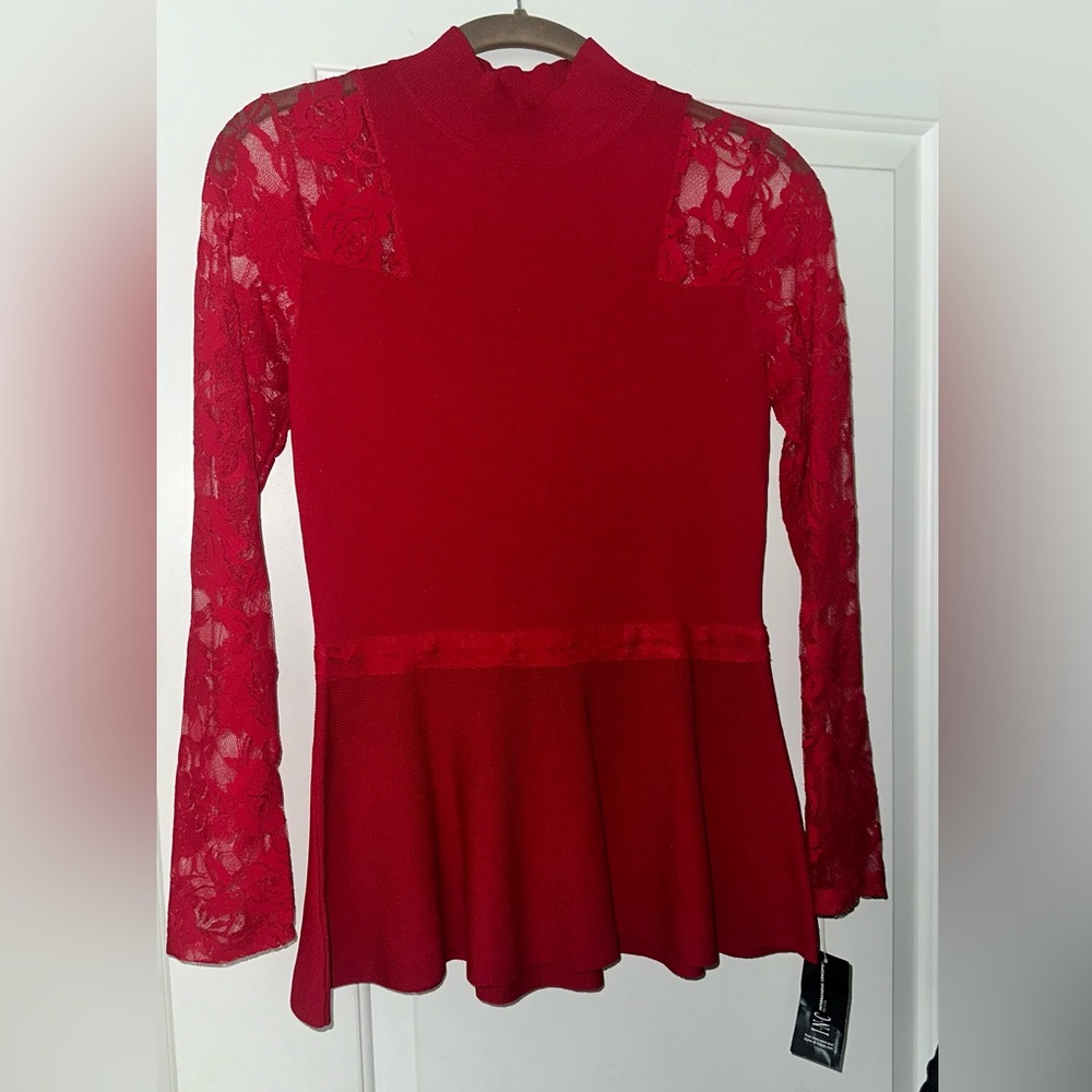 INC Red Long Sleeve Lace Blouse